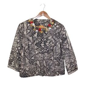 Ruby Rd Heavy 100% Cotton Abstract with‎ Wood & Metal Collar Embellish Jacket 14